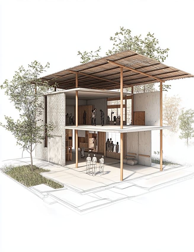 Sección en perspectiva del albergue