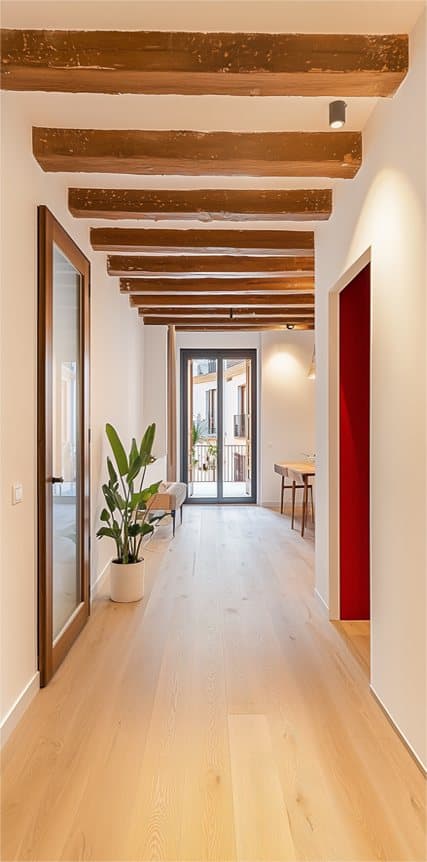 Pasillo de la vivienda con las vigas vistas