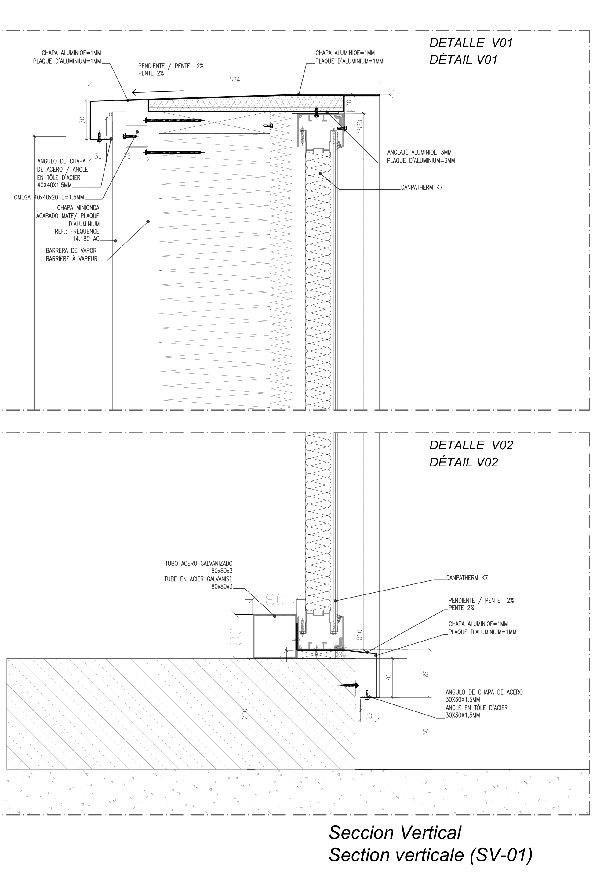 Sección vertical SV-01 de fachada, detalles V01 y V02