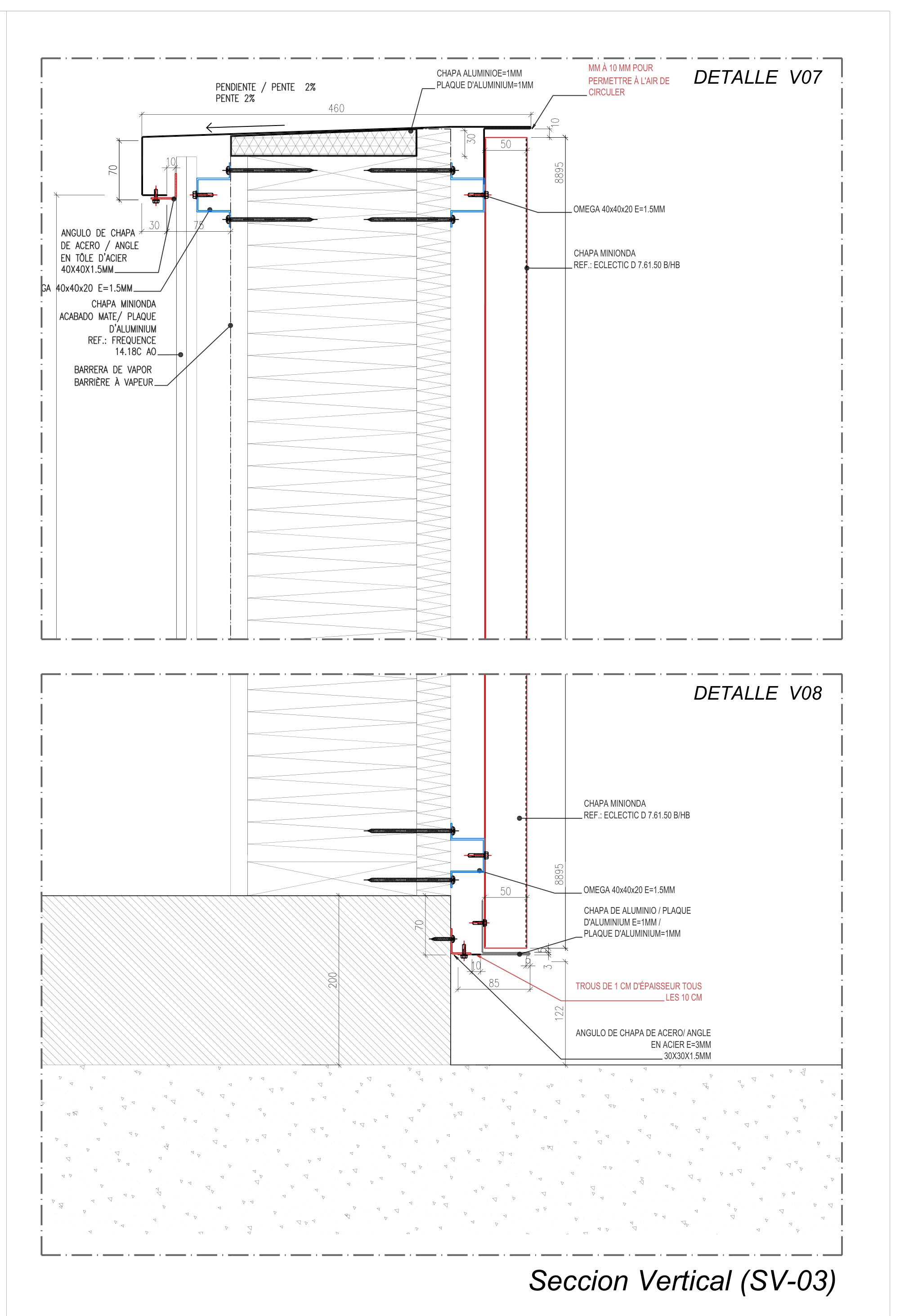 Sección vertical SV-03 de fachada, detalles V07 y V08