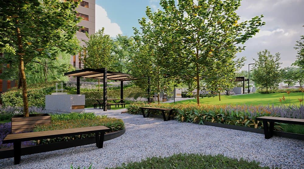 Jardín con senderos y pérgolas
