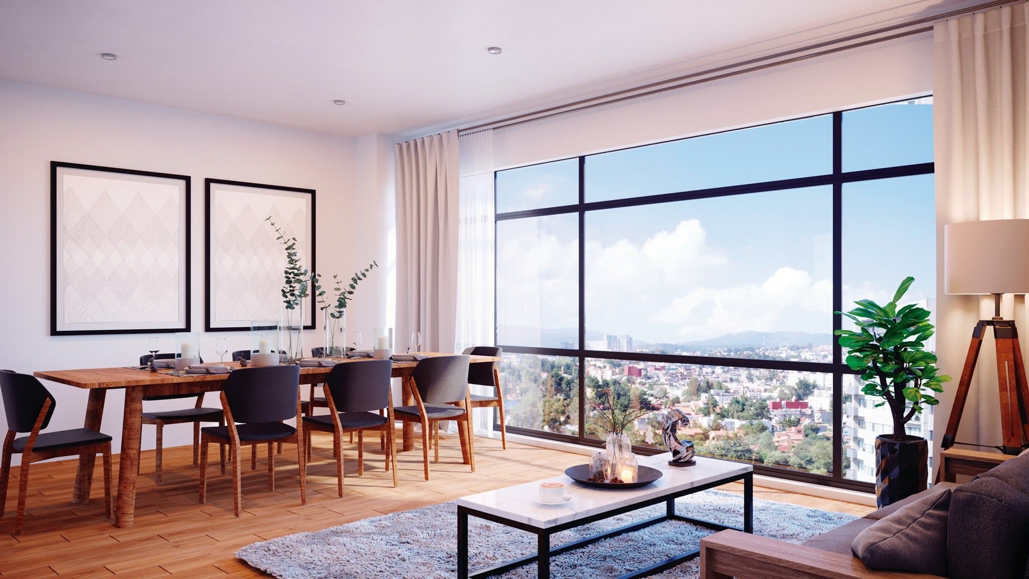 Salón de una vivienda con vistas a la ciudad