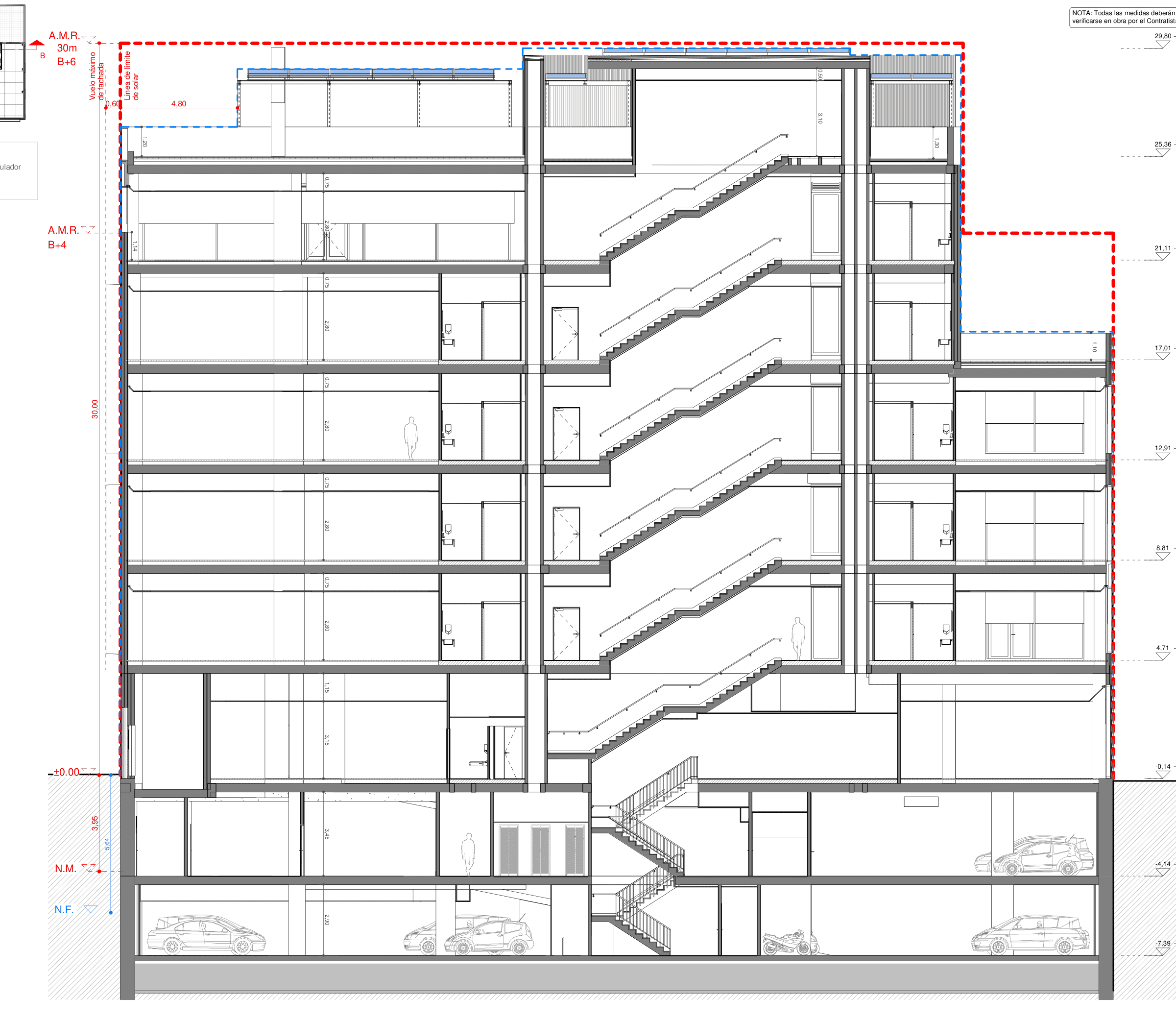 Sección general del edificio por el núcleo de escaleras